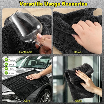 Aodaer 3 Pack Gray Car Drying Towel, 1200GSM Ultra Absorbent Microfiber, 24 x 36 Inch & 12 x 12 Inch Microfiber Towels for Cars, Twisted Loop, Dual Sided & Streak-Free for Auto Detailing Car SUV Truck