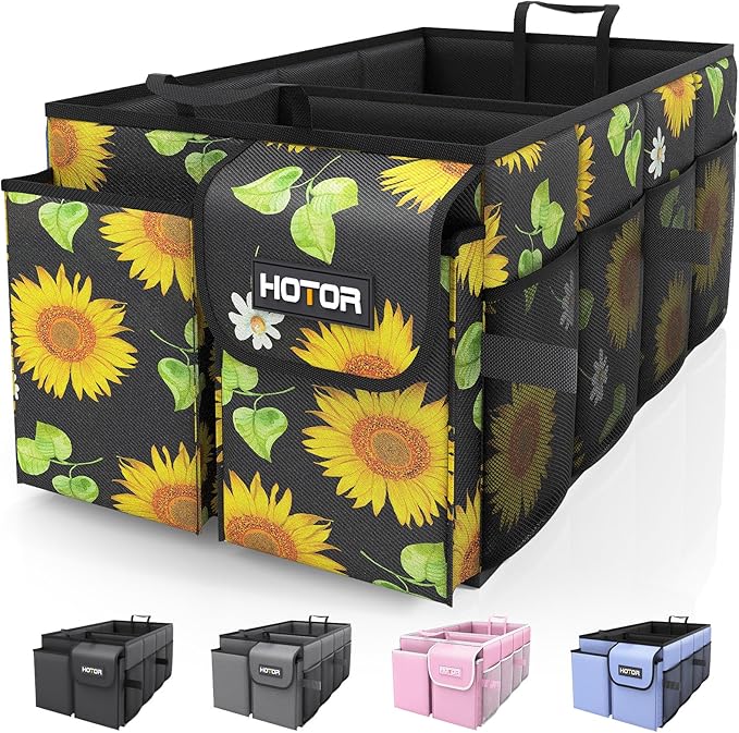 HOTOR Trunk Organizer - Car Organizer, Foldable Trunk organizer for SUVs & Sedans, Sturdy Car Organization for Car Accessories, Tools, Sundries, Sunflower, 2 Compartments, 21.3"×12.6"×10.6"