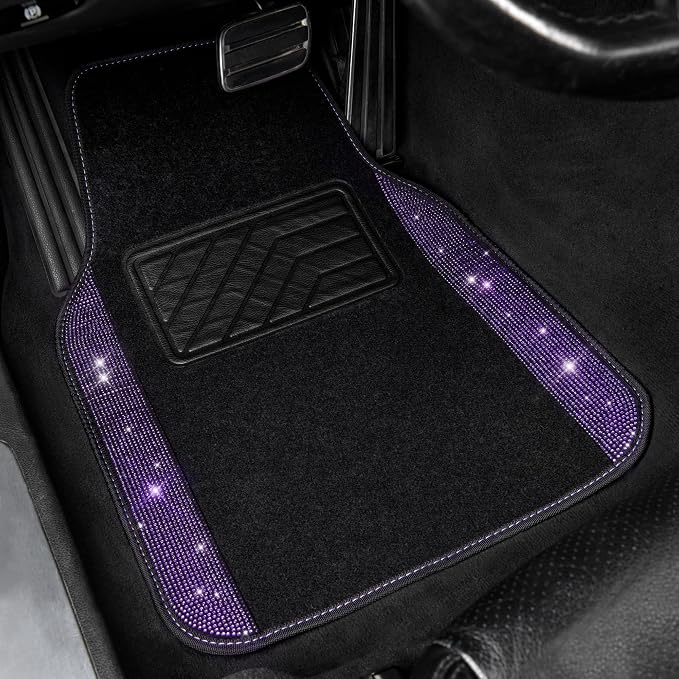 CAR PASS Bling Rhinestone Diamonds Car Seat Covers Leather Shining Rhinestone Car Floor mats Carpet with Anti-Slip Nibs Sparkly Car Accessories Sets Women Glitter Crystal Combo Set Violet Purple