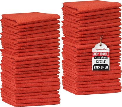 Shop Towels (Red, 50-Pack) - Bulk Cleaning Towel in a Bag, Mechanic Cotton Wipes for Car Maintenance, Auto Mechanics & Garage, Wipe Grease & Oil, Machine Wash & Reusable