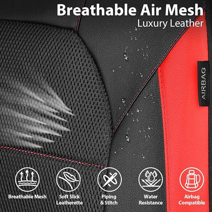 CAR PASS Leather Car Seat Covers Front Seats Only, with Air Mesh Front Seat Covers Breathable, Cool Automotive Seat Covers 2 Pack, Universal Fit Most Cars,SUV,Truck,Van Airbag Compatible(Black & Red)