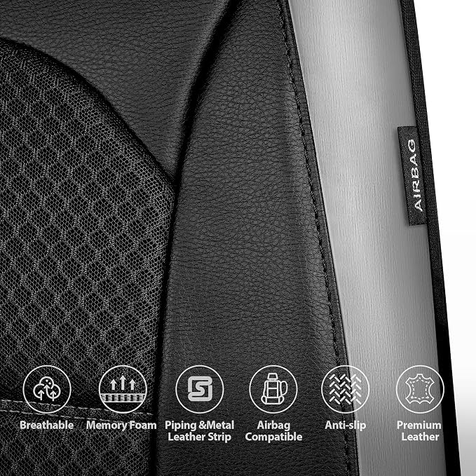 CAR PASS Memory Foam Car Seat Covers,Air Cool Mesh Thick Seat Covers Front Seats,Gray Metal Film Leather Seat Cover for Car,Universal Automotive Comfort for Most Car,Truck,Airbag Compatible,Black/Grey
