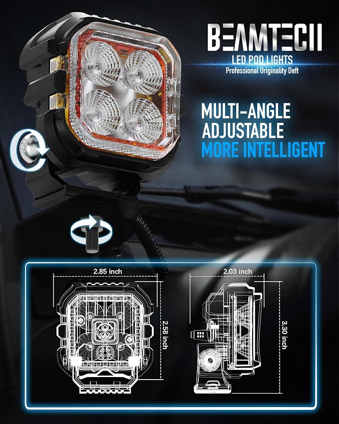 BEAMTECH 3" LED Pods, White Flood Beam Off Road Ditch Lights with Amber DRL | 2PCS 60W 6000LM Pod Light for Truck UTV ATV Motorcycle Car