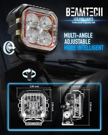 BEAMTECH 3" LED Pods, White Flood Beam Off Road Ditch Lights with Amber DRL | 2PCS 60W 6000LM Pod Light for Truck UTV ATV Motorcycle Car