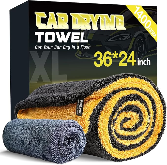 PUGPIU Car Drying Towel - 1400GSM Extra Large Super Absorbent Microfiber Towels for Cars 24"x36" - Large Edgeless with Twisted Loop, Lint-Free & Streak-Free for Auto Detailing, SUV, Truck (Yellow)