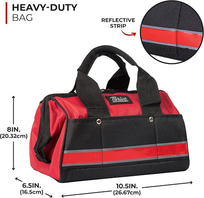 Thrive Car Emergency Kit & Roadside Emergency Car Kit - 104-Piece Set, Red Canvas Bag, Universal Fit - Jumper Cables, Escape Hammer & Tire Gauge - Road Trip Essentials & Emergency Supplies