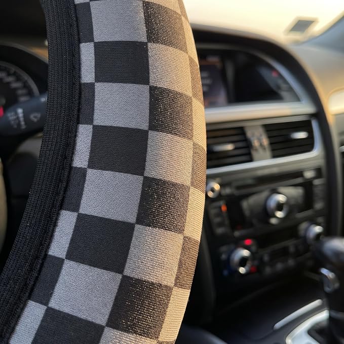 Checkered Gray Steering Wheel Cover Universal 15 Inch + 2 Car Coasters | Elastic Anti-Slip Breathable Fit for Car Truck SUV for Women Men