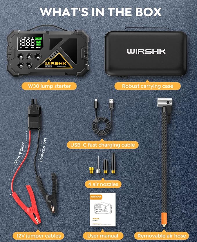 Jump Starter with Air Compressor, 8000A 160PSI Portable 12V Car Jump Starter for All Gas or 10.0L Diesel Engine, Battery Booster with LCD Display, LED Light & Jump Cables