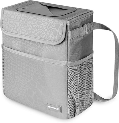 SIBOFUEGO Car Trash Can Cute - Car Accessory for Garbage and Storage, Adjustable and Collapsible Car Garbage Can, Waterproof and 100% Leak-Proof Car Trash Bin with Lid, 2 Gallons (Leopard-Print Gray)