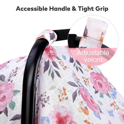 Rquite Infant Car Seat Cover for Babies Girls, 100% Muslin Cotton Carseat Canopy, Breathable Stroller Sun Shade, Baby Shower Gift & Newborn Essentials, Universal Fit Summer & Hot Weather (Floral)