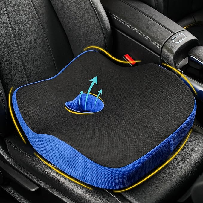Car Seat Cushion, Ergonomic Memory Foam Car Cushion for Sciatica Pain Relief, Larger Driving Seat Pillow for Short Drivers on Long Drives - Butt Pillow for Truck, Office, Wheelchair - Black&Blue
