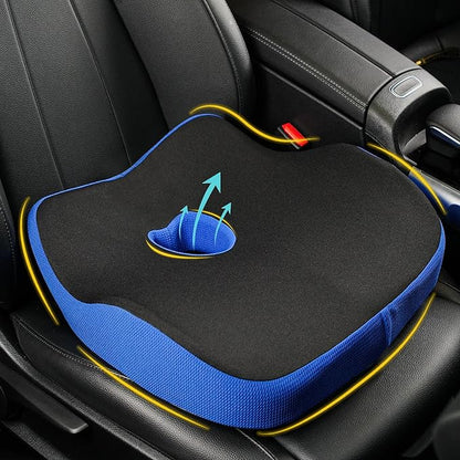 Car Seat Cushion, Ergonomic Memory Foam Car Cushion for Sciatica Pain Relief, Larger Driving Seat Pillow for Short Drivers on Long Drives - Butt Pillow for Truck, Office, Wheelchair - Black&Blue