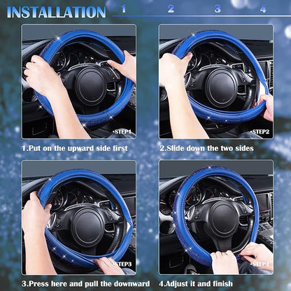CAR PASS Bling Diamond Leather Steering Wheel Cover, with Bling Sparkly Crystal Glitter Rhinestones Universal Fit 14" 1/2-15" Car Wheel Protect for Women Girl Fit Suvs,Vans,Sedans,Cars,Trucks, Blue