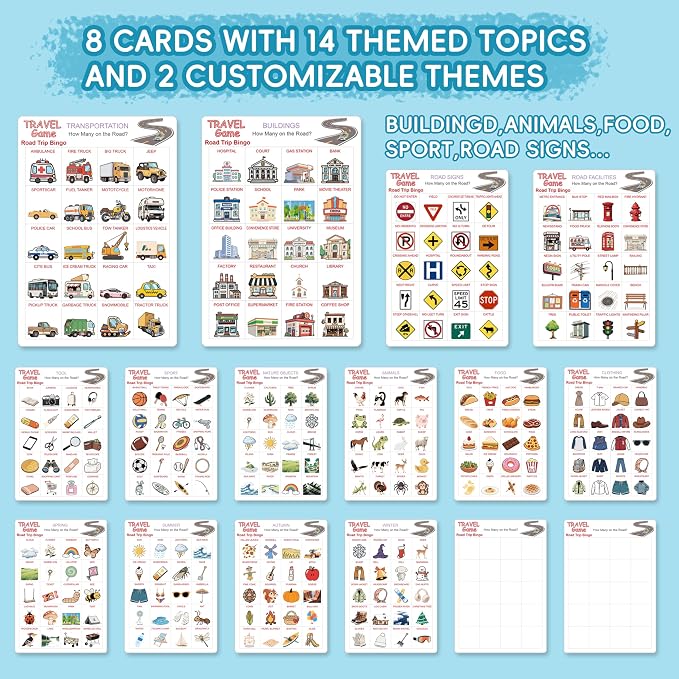 Road Trip Bingo Travel Game for Kids | 8 Double-Sided Cards, 14 Themed Categories, Car Activities