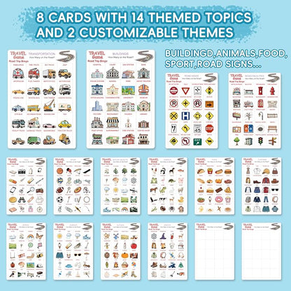 Road Trip Bingo Travel Game for Kids | 8 Double-Sided Cards, 14 Themed Categories, Car Activities