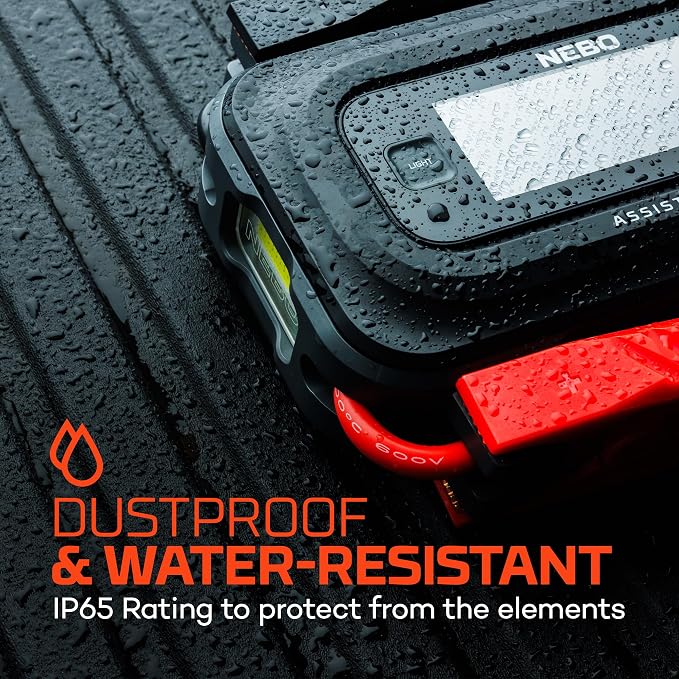 NEBO Assist 2500A Jump Starter | 2500 Peak Amps, Portable Battery Booster Pack for 12V Vehicles, Spark-Proof, USB-C Rechargeable Power Bank, LED Emergency Light, Compact 3-in-1 Roadside Kit