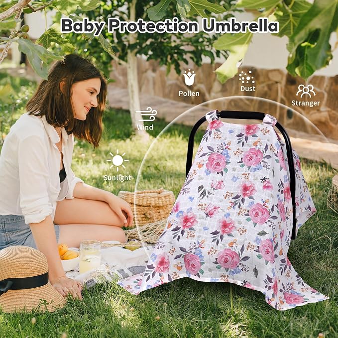 Rquite Infant Car Seat Cover for Babies Girls, 100% Muslin Cotton Carseat Canopy, Breathable Stroller Sun Shade, Baby Shower Gift & Newborn Essentials, Universal Fit Summer & Hot Weather (Floral)