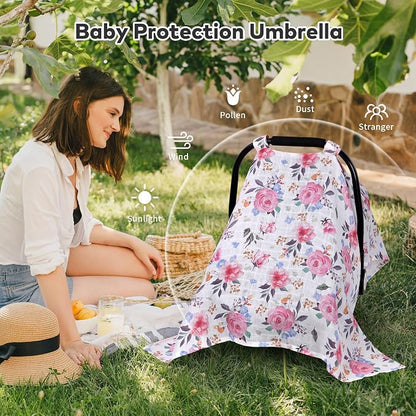 Rquite Infant Car Seat Cover for Babies Girls, 100% Muslin Cotton Carseat Canopy, Breathable Stroller Sun Shade, Baby Shower Gift & Newborn Essentials, Universal Fit Summer & Hot Weather (Floral)