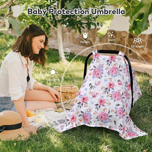 Rquite Infant Car Seat Cover for Babies Girls, 100% Muslin Cotton Carseat Canopy, Breathable Stroller Sun Shade, Baby Shower Gift & Newborn Essentials, Universal Fit Summer & Hot Weather (Floral)