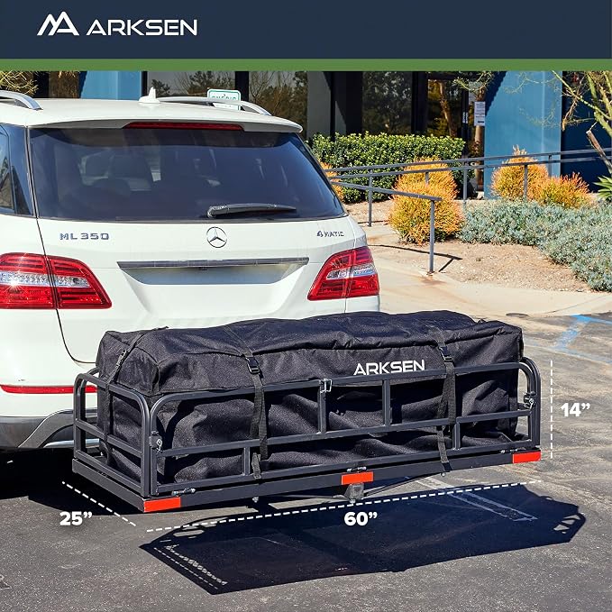 ARKSEN 60" x 25" x 14" Folding Cargo Rack Carrier with Nylon Net 500 Lbs Heavy Duty Capacity 2 Inch Receiver Luggage Basket Hitch Fold Up for SUV Pickup Camping Traveling