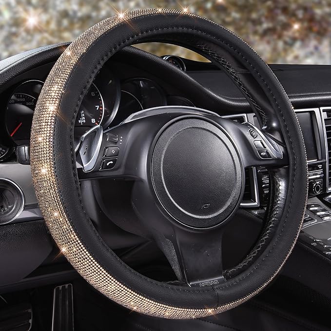 CAR PASS Bling Champagne Diamond Steering Wheel Cover, Black Leather Universal Fit 14.5-15inch Glitter Rhinestones for Women Sparkle Crystal Girly Shining for SUV,Vans,Sedan,Car,Truck, Black Champagne
