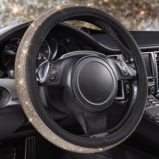 CAR PASS Bling Champagne Diamond Steering Wheel Cover, Black Leather Universal Fit 14.5-15inch Glitter Rhinestones for Women Sparkle Crystal Girly Shining for SUV,Vans,Sedan,Car,Truck, Black Champagne