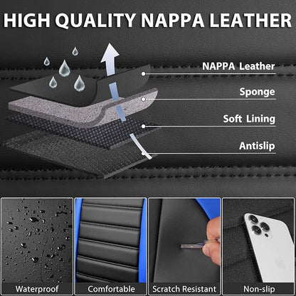 CAR PASS Nappa Leather Car Seat Covers Full Set, Luxury Seat Protector for Cars, Waterproof Anti-Slip Seat Cushion Armrest Compatible Airbag Universal for Sedan SUV Pick-up Truck Auto, Black Blue