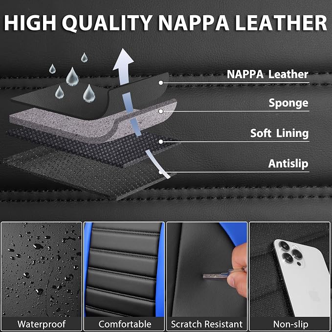 CAR PASS Nappa Leather Car Seat Covers Front Seats, Luxury Seat Protector for Cars, Waterproof Anti-Slip Seat Cushion Airbag Compatible Universal for SUV Pick-up Truck Automotive Vehicle,Black Blue