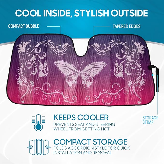 BDK Pink Butterfly Front Windshield Sunshade Accordion Folding Style Auto Shade for Cars Trucks SUVs Vans Blocks UV Rays Sun Visor Protector Easy Setup Keeps Your Vehicle Cool 58" x 27"