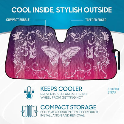 BDK Pink Butterfly Front Windshield Sunshade Accordion Folding Style Auto Shade for Cars Trucks SUVs Vans Blocks UV Rays Sun Visor Protector Easy Setup Keeps Your Vehicle Cool 58" x 27"