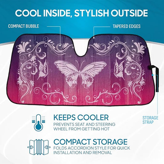 BDK Pink Butterfly Front Windshield Sunshade Accordion Folding Style Auto Shade for Cars Trucks SUVs Vans Blocks UV Rays Sun Visor Protector Easy Setup Keeps Your Vehicle Cool 58" x 27"