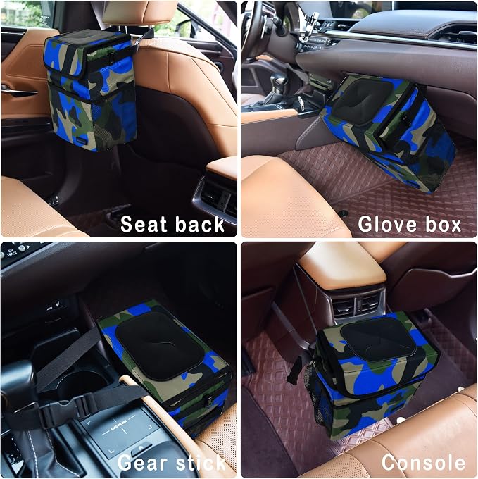 SIBOFUEGO Cute Car Trash Can with Lid – Multipurpose Collapsible Trash Bin for Car, Leak-Proof Organizer, Waterproof Garbage Can with Storage Pockets & Adjustable Straps, 2 Gallons (Camo Blue)