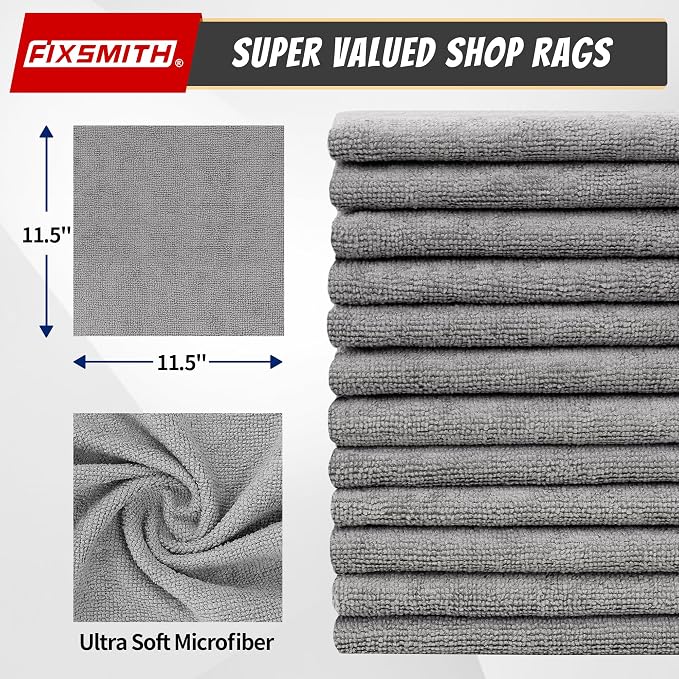 FIXSMITH Shop Towels, Pack of 200, Grey Microfiber Cleaning Cloth Bulk, Microfiber Towels for Cars, All-Purpose Absorbent Cleaning Rags, Dust Cloth for Automotive, Mechanic, Garage, 11.5 x 11.5 inch