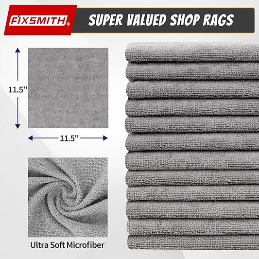 FIXSMITH Microfiber Cleaning Cloth, Shop Towels Bulk, 24 Pack Grey Microfiber Towels for Cars, All-Purpose Absorbent Cleaning Rags, Dust Cloth for Automotive, Mechanic, Garage, Bar, 12 x 11 inch