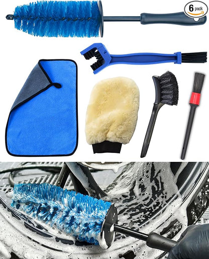 Motorcycle Cleaning Brush Kit 6 Pack, Easy Reach Brush, Chain Brush,Wool Wash Mitt, Stiff Tire Brush, Detailing Brush& Microfiber Towel for Motorcycle Mudguard, Rims,Exhaust, Frame Detailing Wash Kit