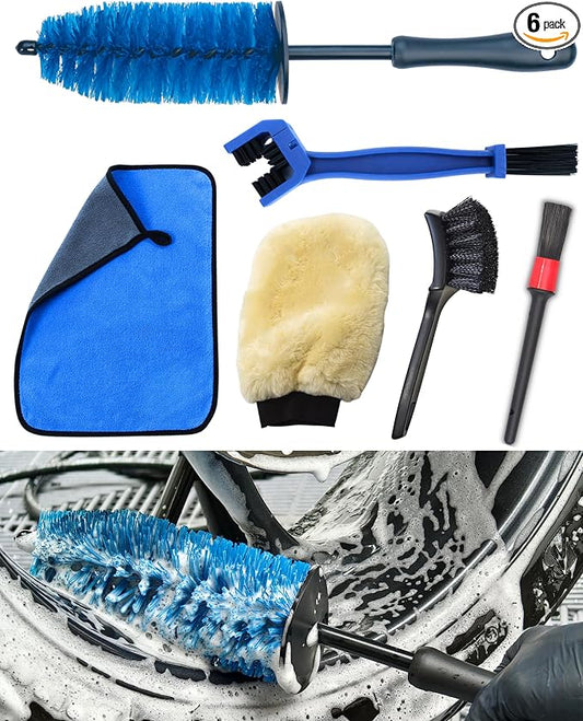 Motorcycle Cleaning Brush Kit 6 Pack, Easy Reach Brush, Chain Brush,Wool Wash Mitt, Stiff Tire Brush, Detailing Brush& Microfiber Towel for Motorcycle Mudguard, Rims,Exhaust, Frame Detailing Wash Kit