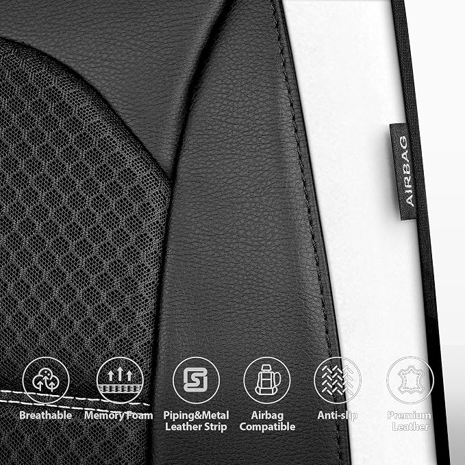 CAR PASS Memory Foam Car Seat Covers,Air Cool Mesh Thick Seat Covers Front Seats,White Leather Seat Covers for Car,Universal Automotive Comfort for Most Cars,SUV,Trucks,Airbag Compatible,Black White