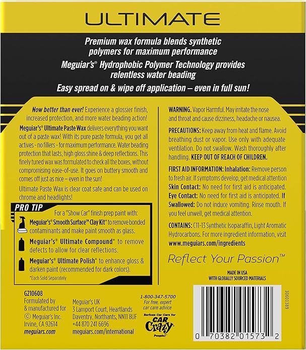 Meguiar's Ultimate Paste Wax, Premium Car Wax for a Deep Gloss with Lasting Protection, Easy to Apply and Remove, Clear Coat Safe, Microfiber Towel and Applicator Included, 8 Oz Paste