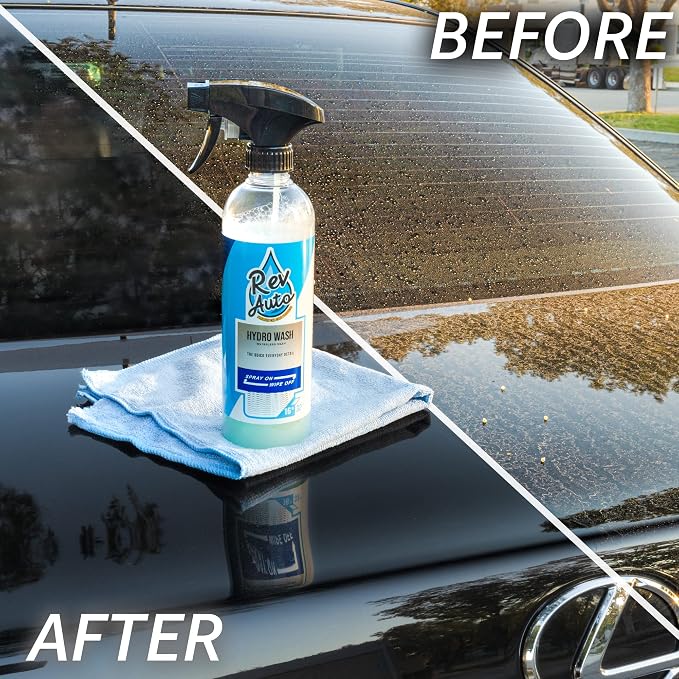 Rev Auto Waterless Car Wash Kit - Cleans Vehicles Without Water Source/Includes Two 16oz Waterless Wash Spray Cleaner and Microfiber Towels | Car Exterior Cleaner | No Rinse Car Wash Cleaning Spray