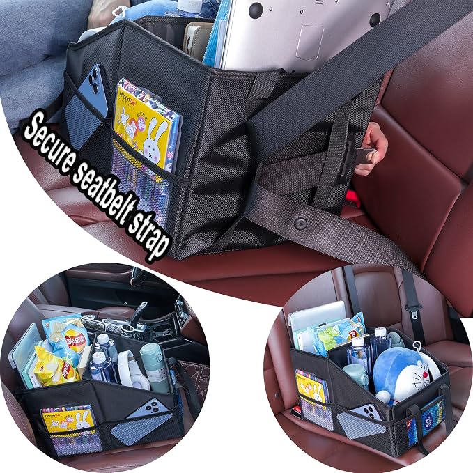Front-Back Seat Car Organizer Box - Portable Passenger Seat Organizer, Odorless Fabric Car Seat Organizer, Universal Foldable Auto Seat Storage Caddy for Kids & Adults Road Trip Essentials (Black)