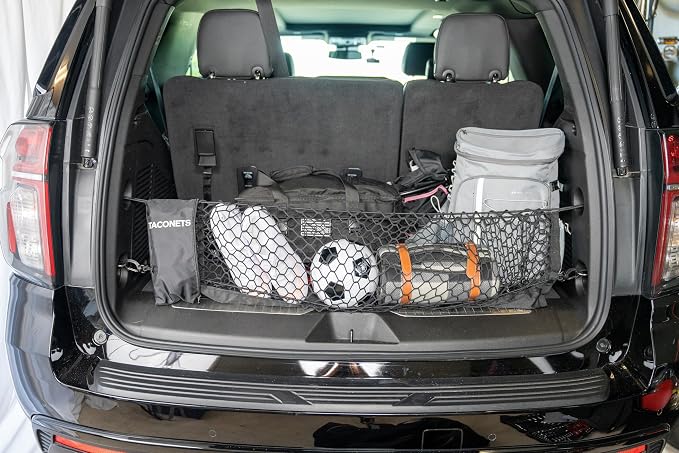 TacoNets Envelope Cargo Net for Suburban | Tahoe | Yukon/XL | Escalade/ESV - Fits 2015-Current - Upgraded 5mm Bungee - Integrated Storage Bag - Heavy Duty Hooks - Designed in USA