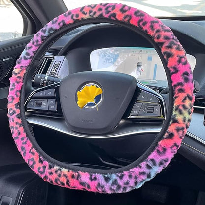 Cheetah Fuzzy Steering Wheel Cover, Girly Steering Wheel Cover, Cute Fluffy Furry Leopard Wheel Protector, Women Girl Car Christmas Decor Fit D-Shape O-Shape 14.5" to 15"