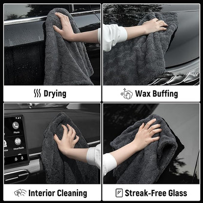 LIVOS 1000GSM Car Drying Towel, 18" x 24" Dual Sided Microfiber Towels for Cars, Ultra Absorbent Lint & Scratch-Free, Edgeless Twisted-Loop, Premium Wash Towel, Wave Grey