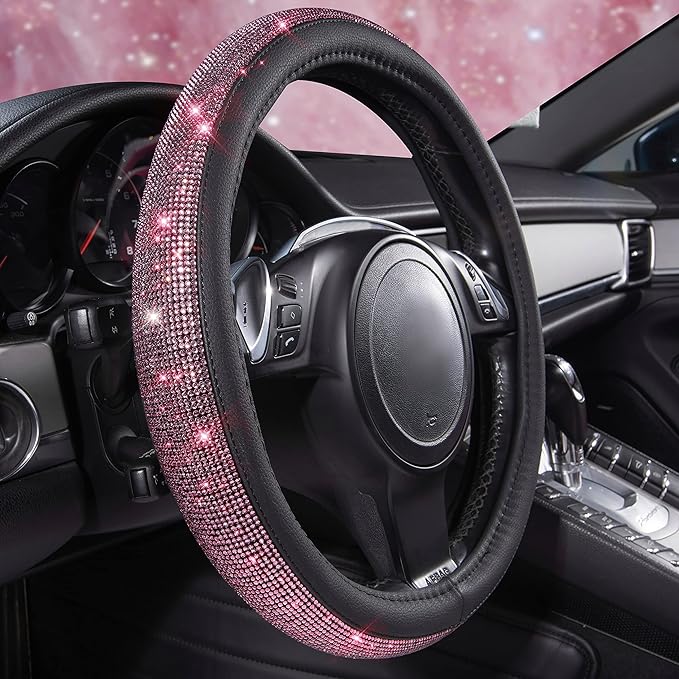 CAR PASS Bling Diamond Leather Steering Wheel Cover, Bling Sparkly Crystal Glitter Rhinestones Universal Fit 14" 1/2-15" Car Wheel Protect for Women Girl Fit Suvs,Vans,Sedans,Cars,Trucks, Pink Black