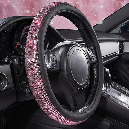 CAR PASS Bling Diamond Leather Steering Wheel Cover, Bling Sparkly Crystal Glitter Rhinestones Universal Fit 14" 1/2-15" Car Wheel Protect for Women Girl Fit Suvs,Vans,Sedans,Cars,Trucks, Pink Black