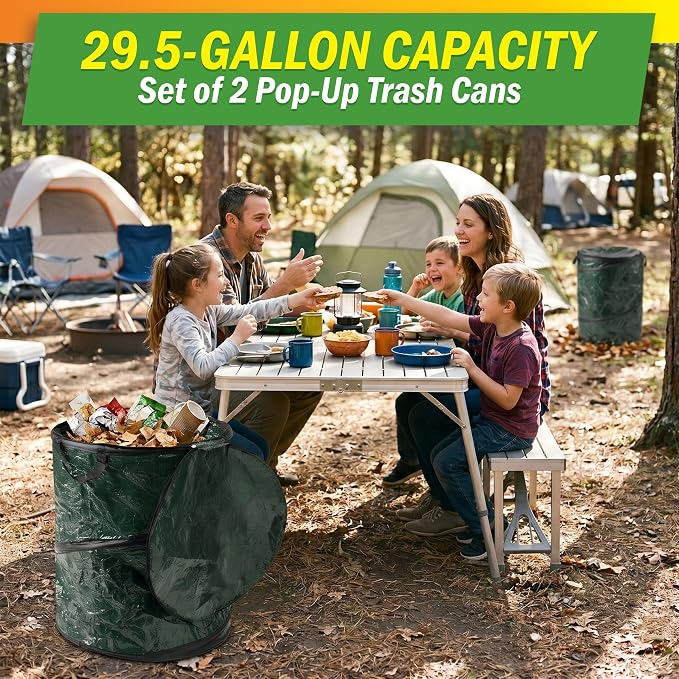 29.5-Gallon Pop up Outdoor Garbage Can Set - Set of 2 Collapsible Trash Cans for Parties, Yard Waste, or Laundry - Camping Accessories by Wakeman