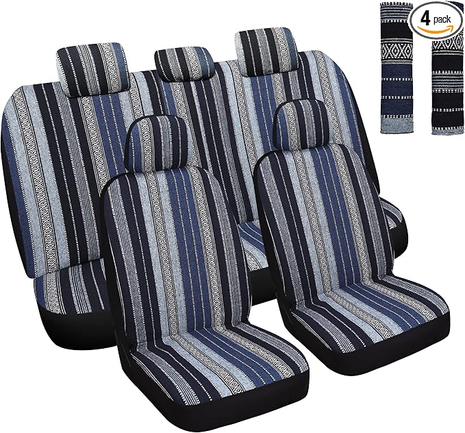 HAIYAOTIMES Baja Saddle Blanket Car Seat Covers Full Set with Seat Belt Pads, Washable Breathable Seat Covers for Cars, Universal Fit Interior Covers for Most Sedan Truck SUV, Airbag Compatible, Blue