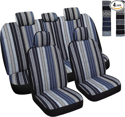 HAIYAOTIMES Baja Saddle Blanket Car Seat Covers Full Set with Seat Belt Pads, Washable Breathable Seat Covers for Cars, Universal Fit Interior Covers for Most Sedan Truck SUV, Airbag Compatible, Blue