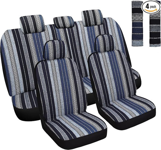 HAIYAOTIMES Baja Saddle Blanket Car Seat Covers Full Set with Seat Belt Pads, Washable Breathable Seat Covers for Cars, Universal Fit Interior Covers for Most Sedan Truck SUV, Airbag Compatible, Blue