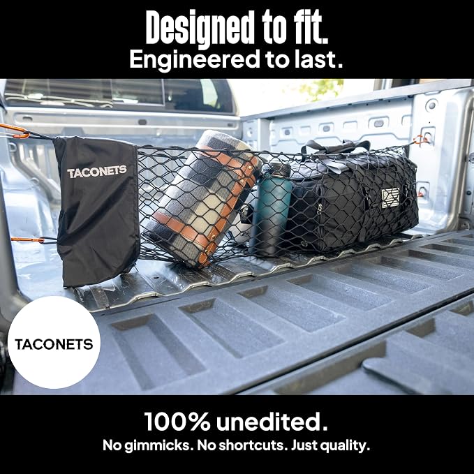 TacoNets Envelope Cargo Net for Colorado/Canyon - Fits 2023-Current - Upgraded 5mm Bungee - Integrated Storage Bag - Heavy Duty Carabiners - Designed in USA